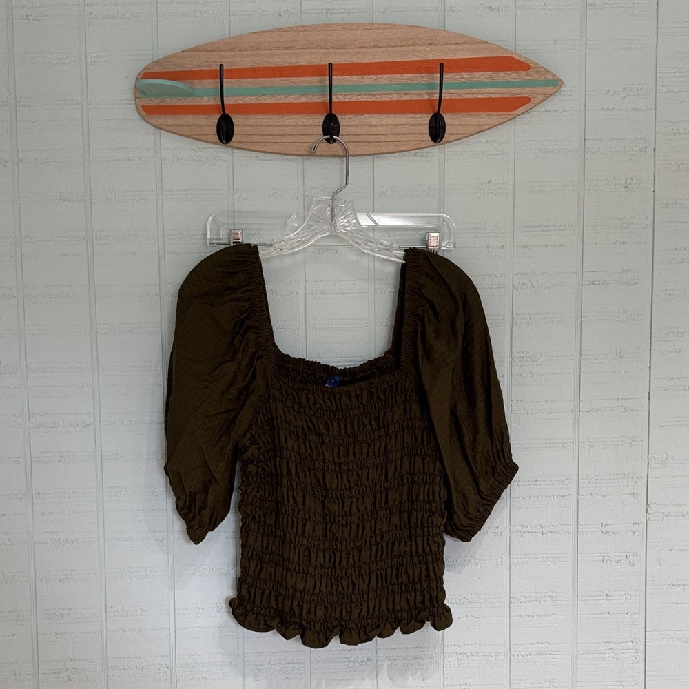 Old Navy Olive Green Smocked Puff-Sleeve Top